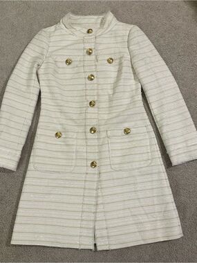 Lilly Pulitzer Camilla Cream Ivory Boucle Tweed Gold Button Front Coat XS